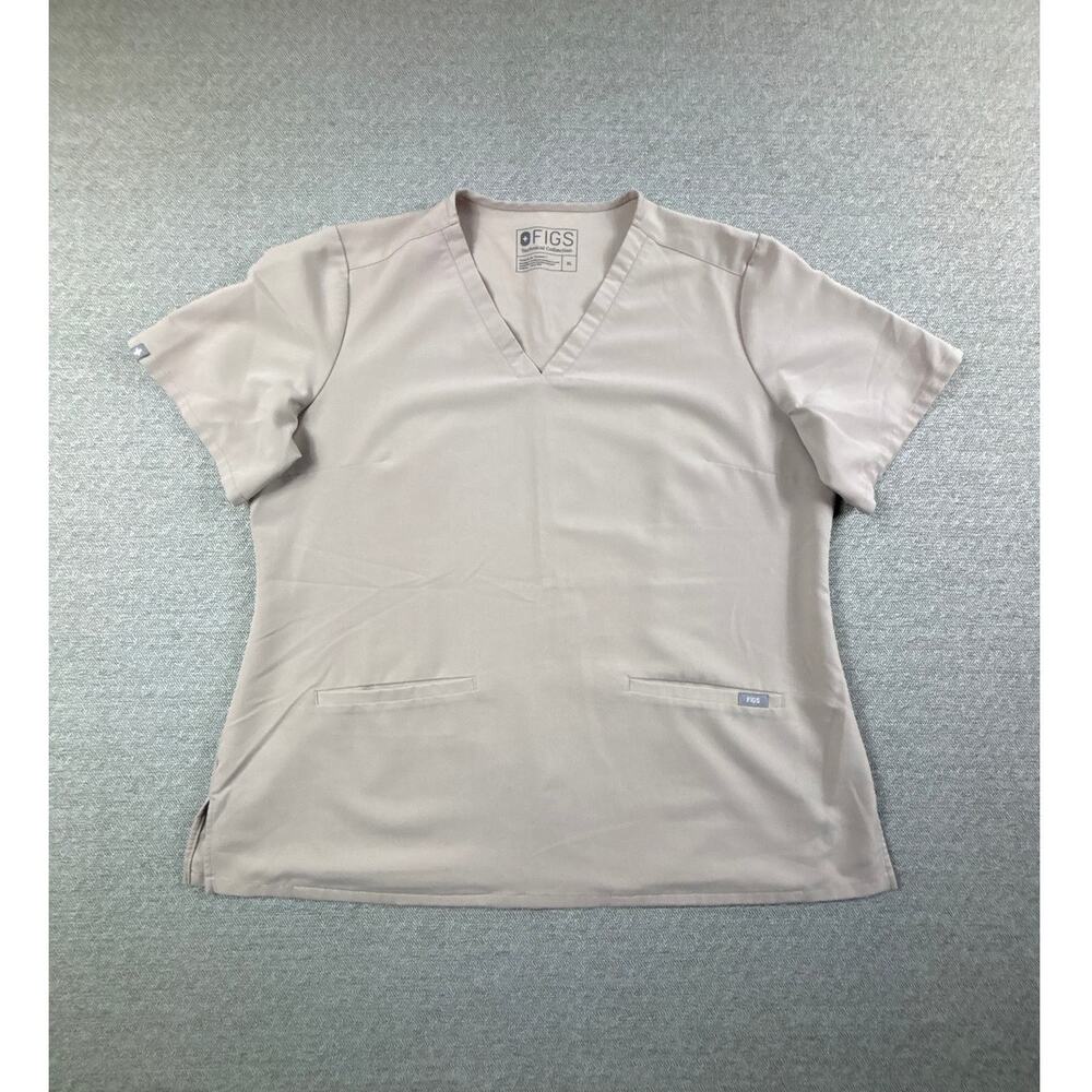 Figs Sz XL Technical Collection V Neck Top Scrubs Tan Pockets Soft Short Sleeve